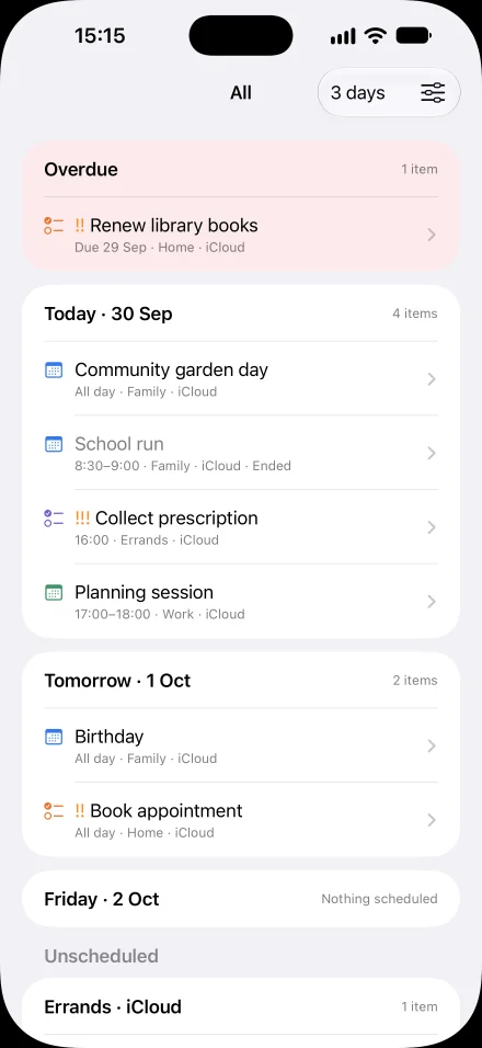 Ahead agenda showing synthetic overdue reminders, today’s events and tomorrow’s plans