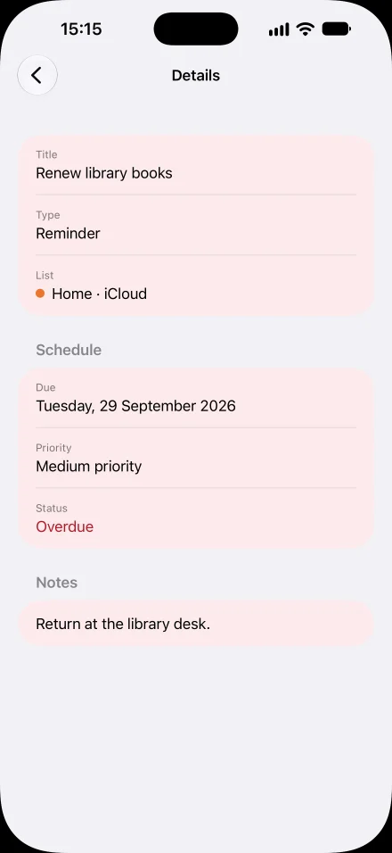 Ahead’s read-only details for a synthetic overdue reminder