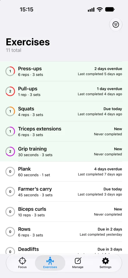 Recur’s Exercises screen showing exercise progress and the Done Today filter
