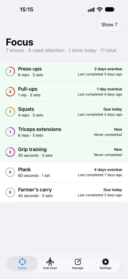 Recur’s Focus screen showing exercises that need attention