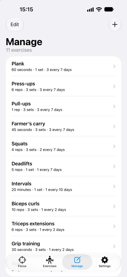 Recur’s Manage screen showing exercise definitions and their schedules, with Edit and Add controls