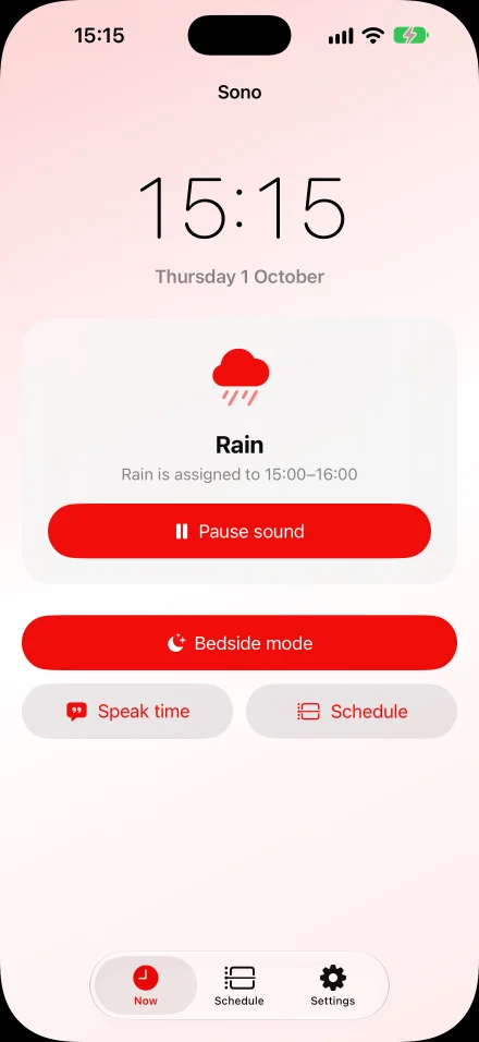 Sono’s Now screen with the current time, Rain sound and Speak time button